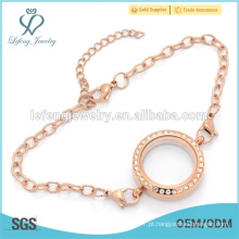 Moda de aço inoxidável flutuante locket encantos pulseira, rosa pulseira de jóias de ouro
